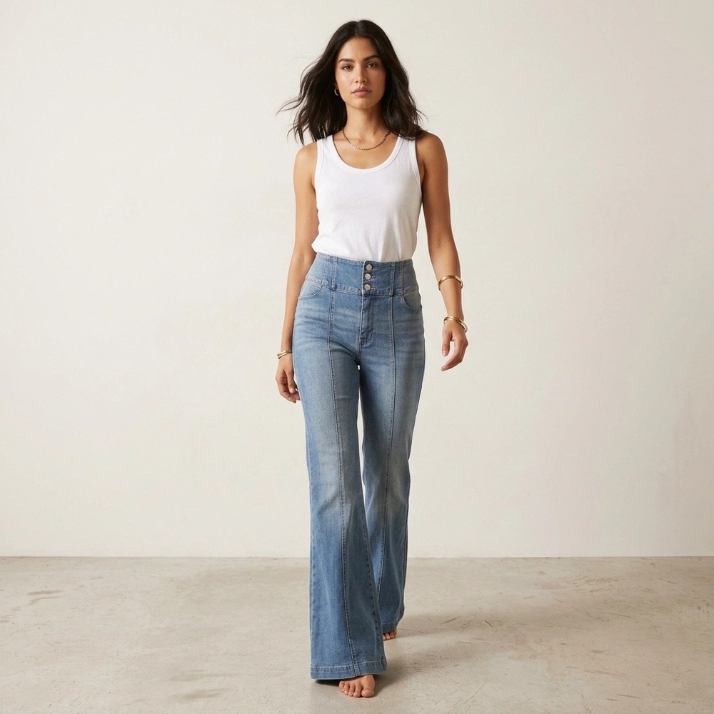 Jealous Tomato L High Rise Flare Jeans Light Wash Button Front Stretch Baggy